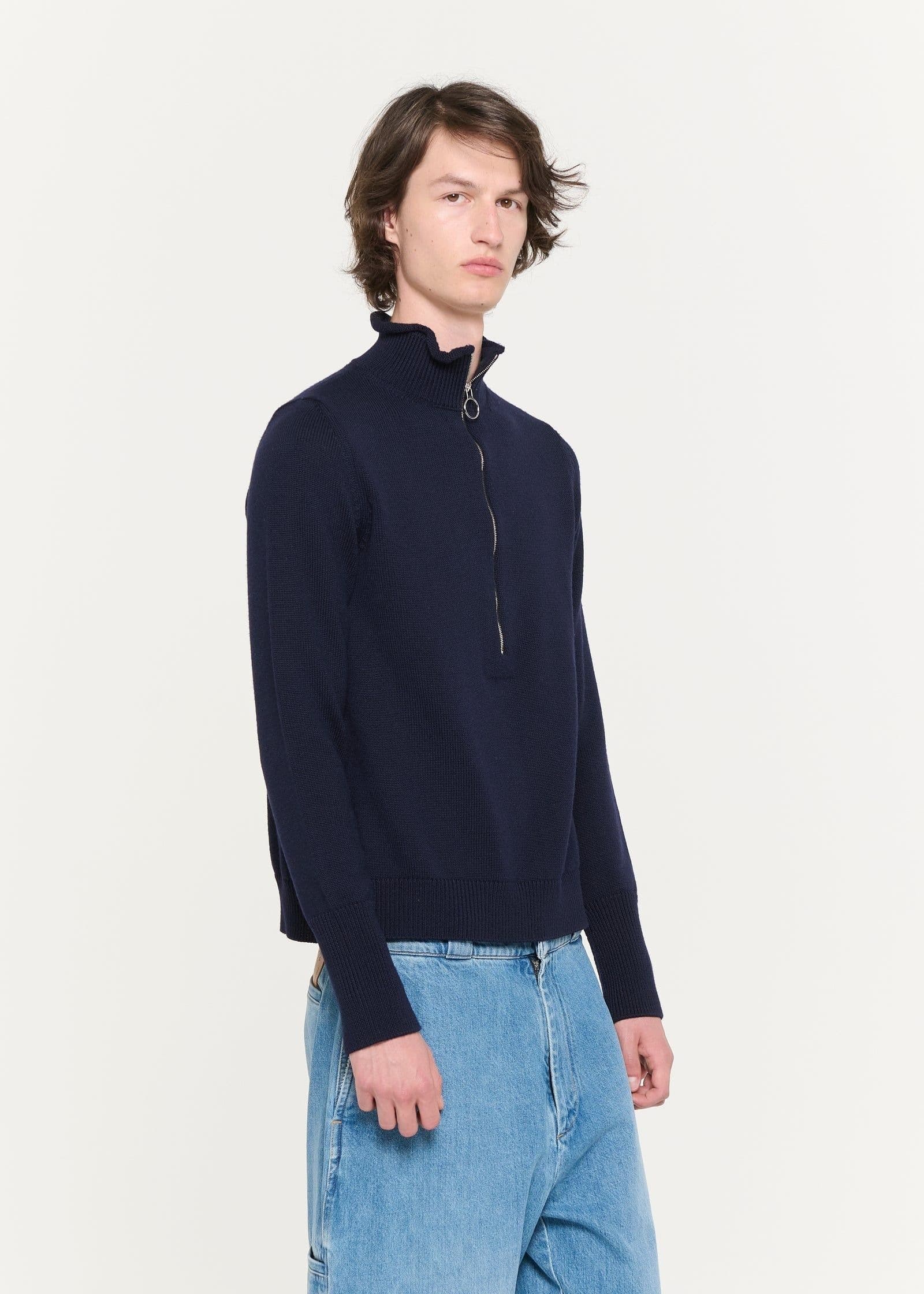 Men's Navy Blue Half Zip Sweater Mock Neck Wool Blend Minimalist — view 2