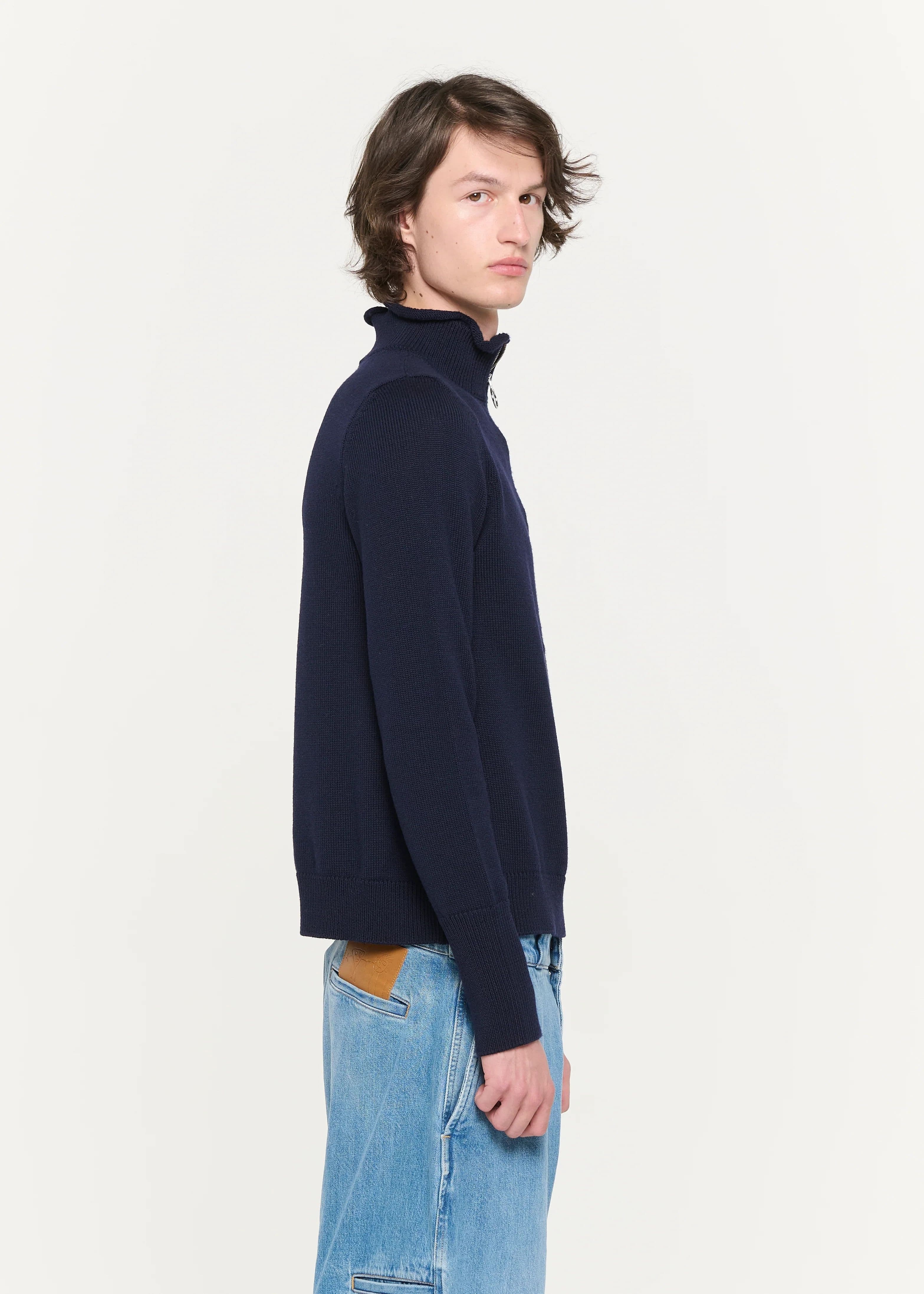 Men's Navy Blue Half Zip Sweater Mock Neck Wool Blend Minimalist — view 3
