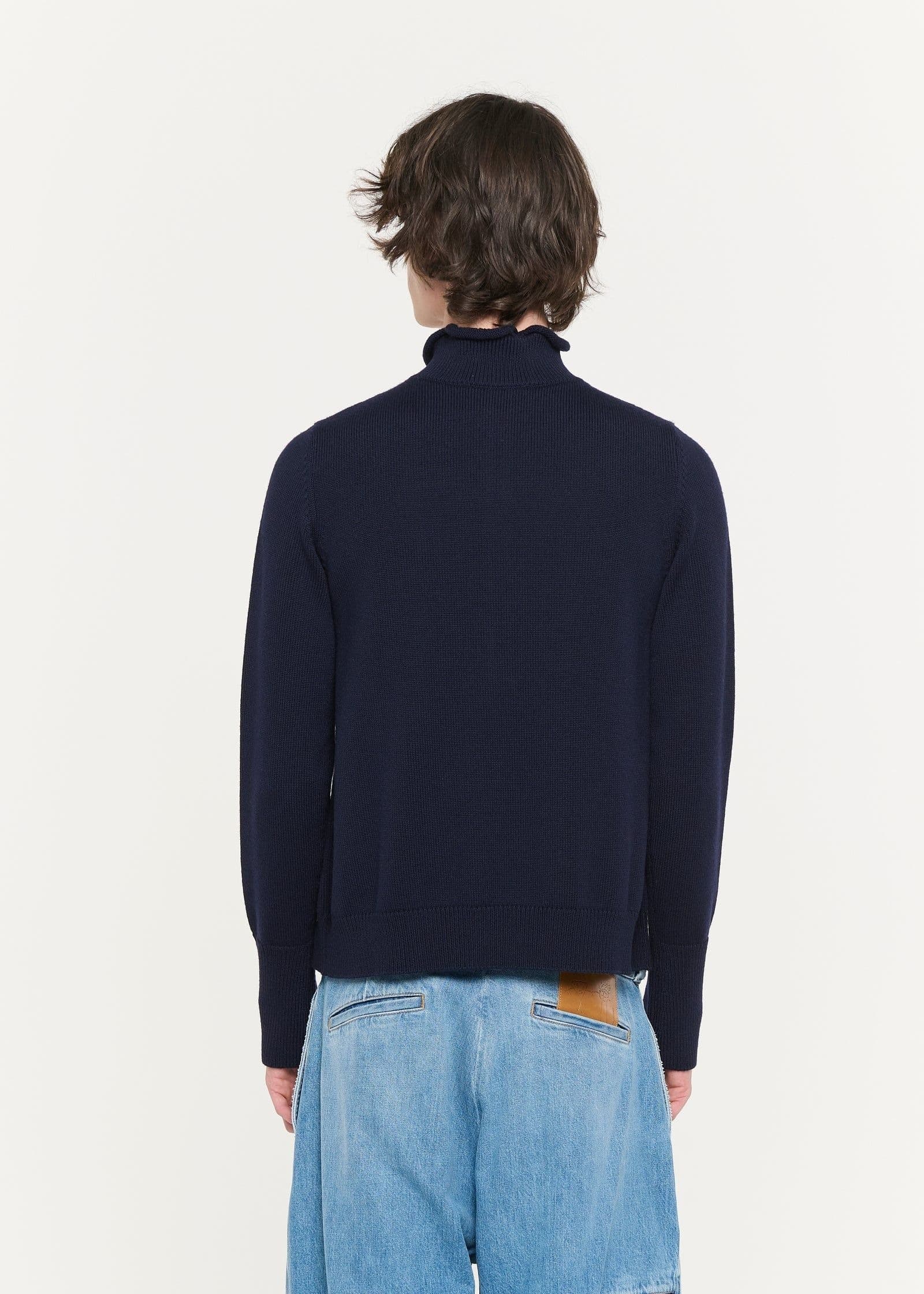 Men's Navy Blue Half Zip Sweater Mock Neck Wool Blend Minimalist — view 4