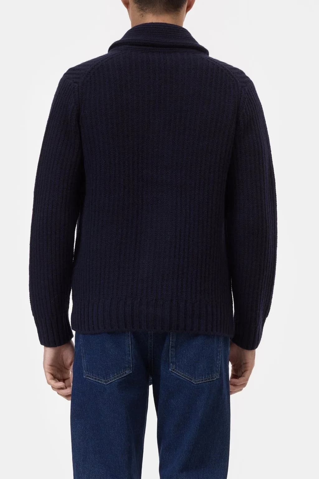 Men's Navy Blue Shawl Collar Cardigan Button Ribbed Knit — view 2