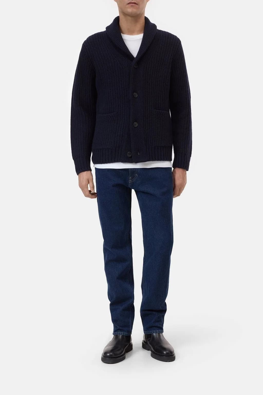 Men's Navy Blue Shawl Collar Cardigan Button Ribbed Knit — view 3