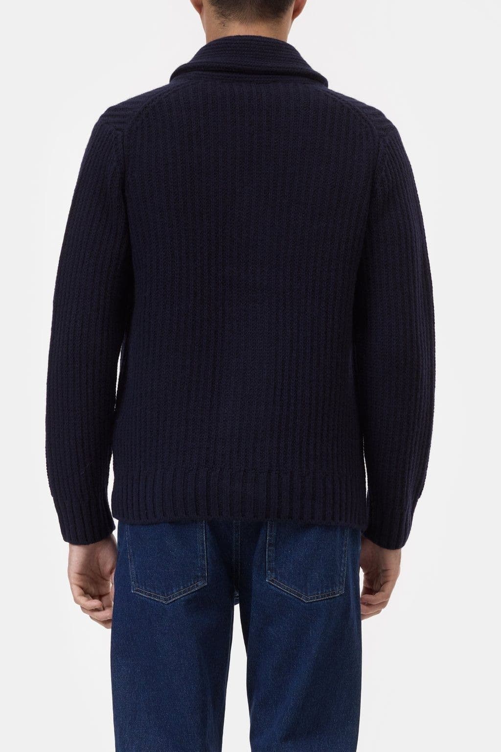 Men's Navy Blue Shawl Collar Cardigan Button Ribbed Knit Sweater — view 2