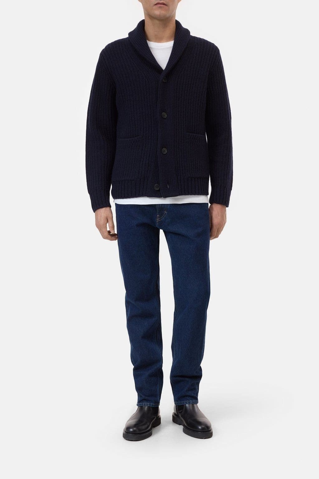 Men's Navy Blue Shawl Collar Cardigan Button Ribbed Knit Sweater — view 3