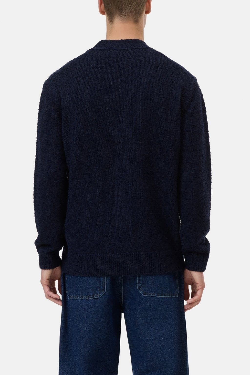 Men's Navy Blue V Neck Cardigan Brushed Mohair Look Button Sweater — view 2