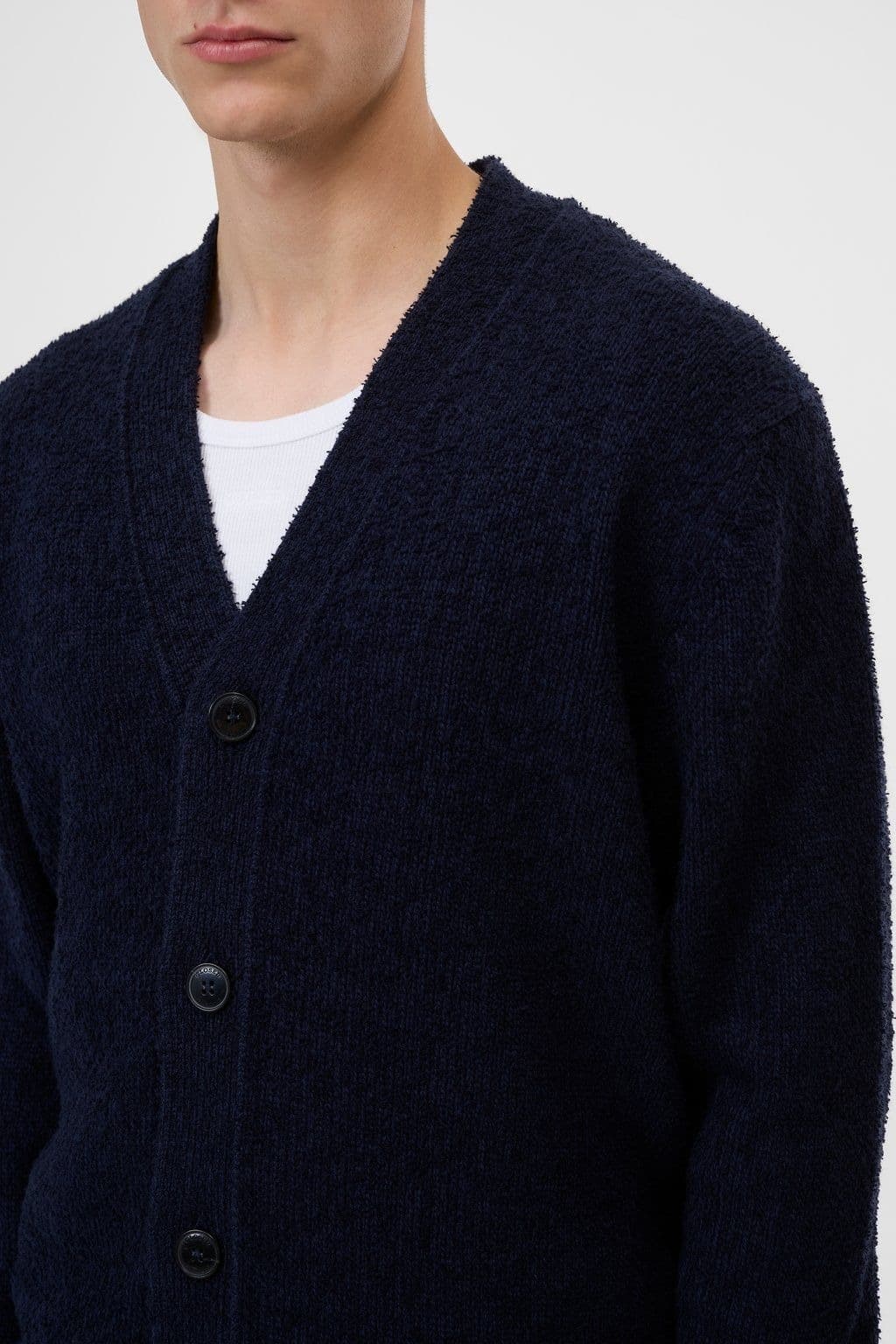 Men's Navy Blue V Neck Cardigan Brushed Mohair Look Button Sweater — view 3
