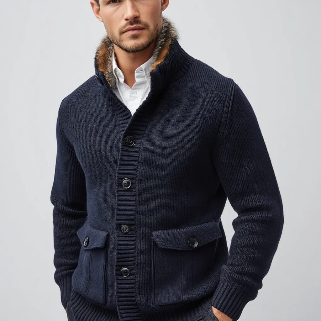 Men's Navy Blue Zip Vintage Cardigan
