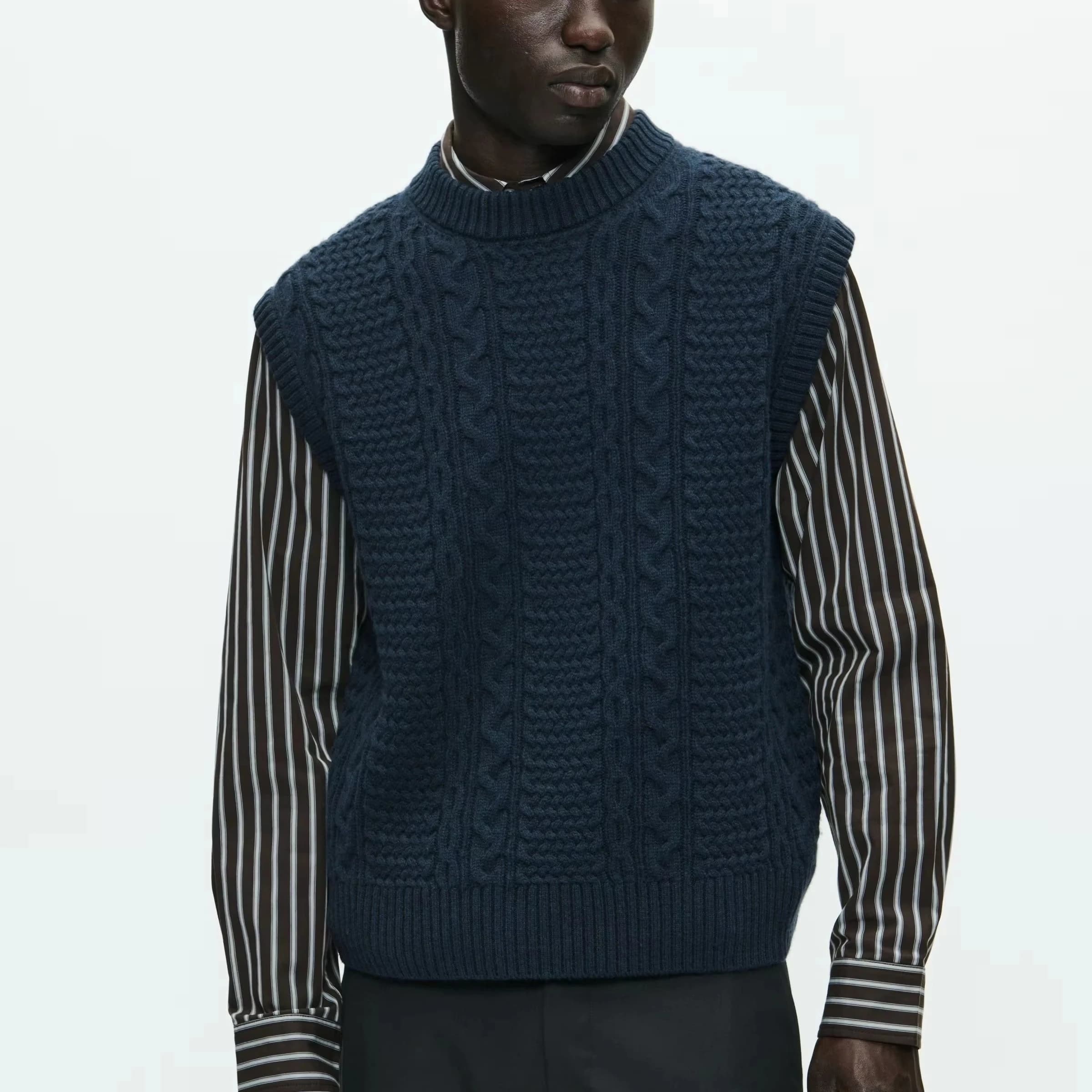 Men's Navy Blue Cable Knit Sweater Vest Sleeveless