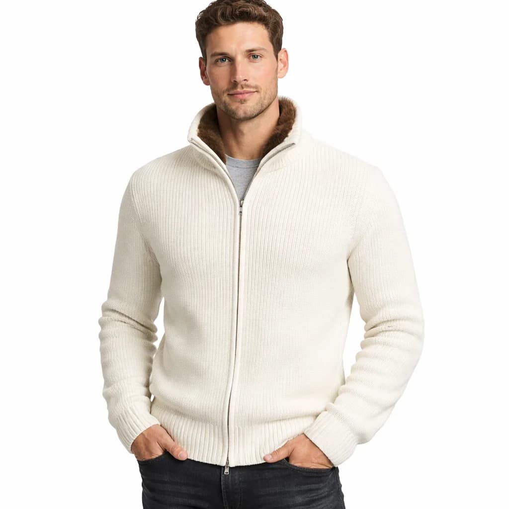 Men's Navy Cashmere Wool Faux Fur Collar Double Zip Cardigan — view 2