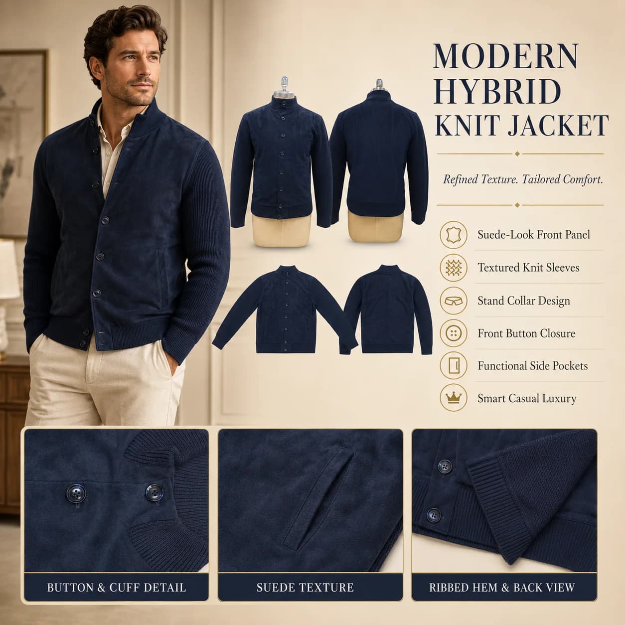 Men's Navy Faux Suede Bomber Jacket