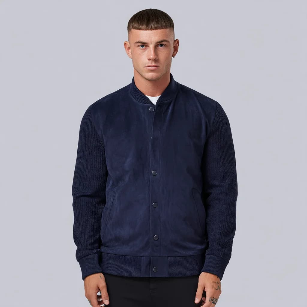 Men's Navy Faux Suede Bomber Jacket — view 2