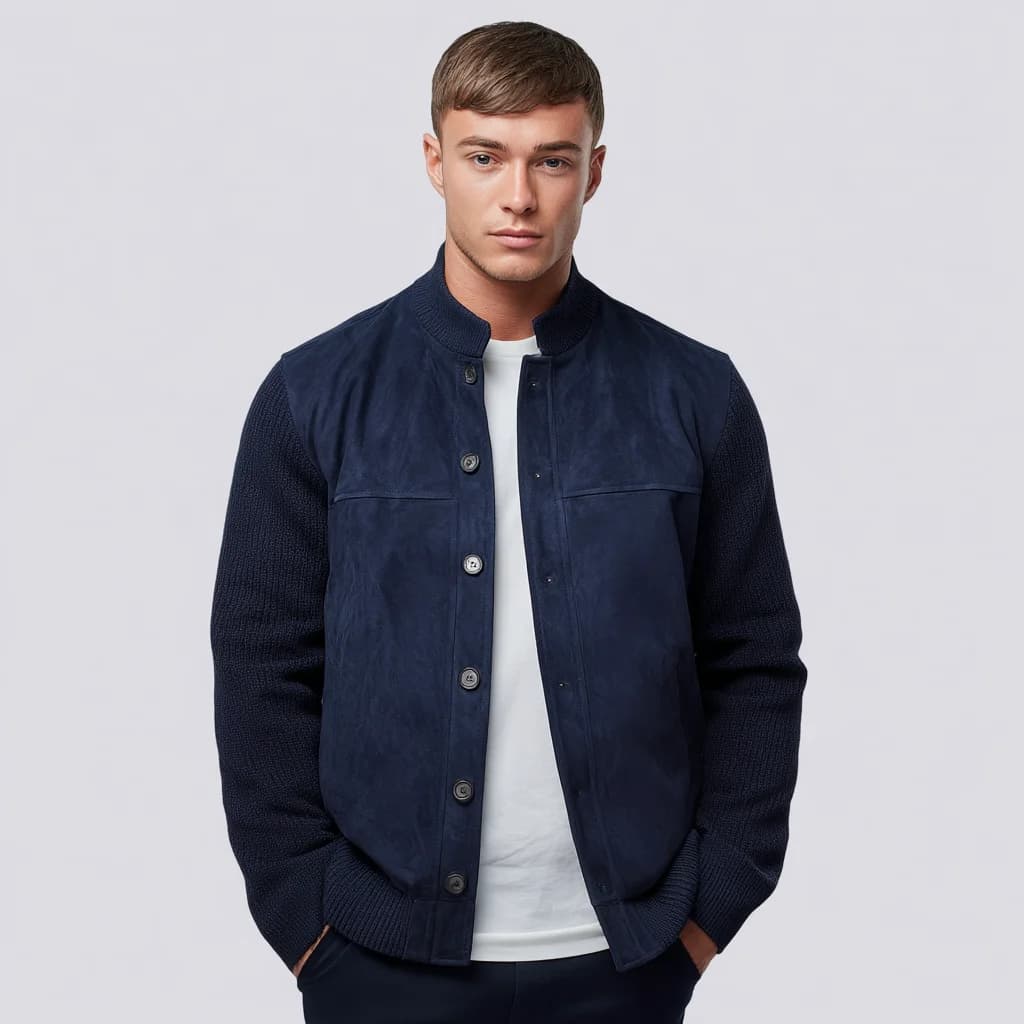 Men's Navy Faux Suede Bomber Jacket — view 3
