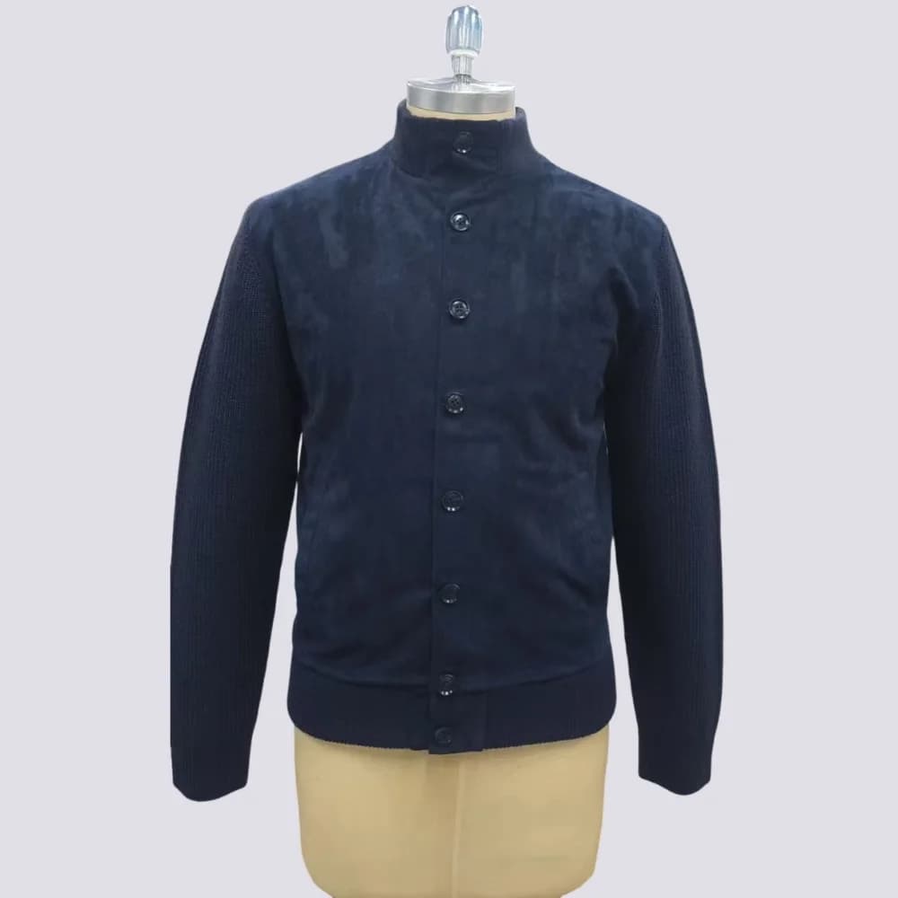 Men's Navy Faux Suede Bomber Jacket — view 4