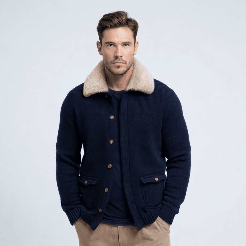 Men's Navy Heavyweight Knit Jacket Shearling Collar