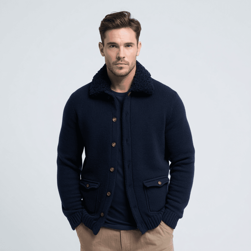 Men's Navy Knit Jacket Black Faux Fur Collar