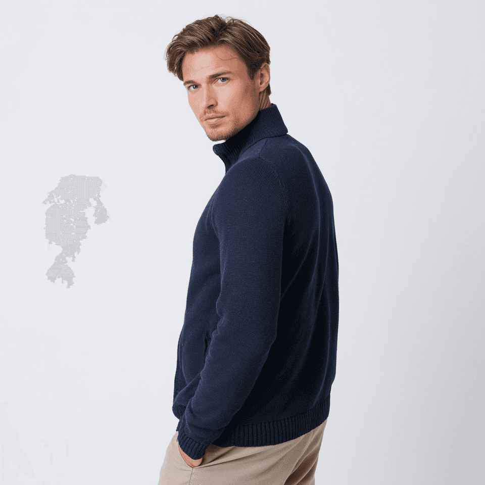 Men's Navy Knit Jacket Black Faux Fur Collar — view 2