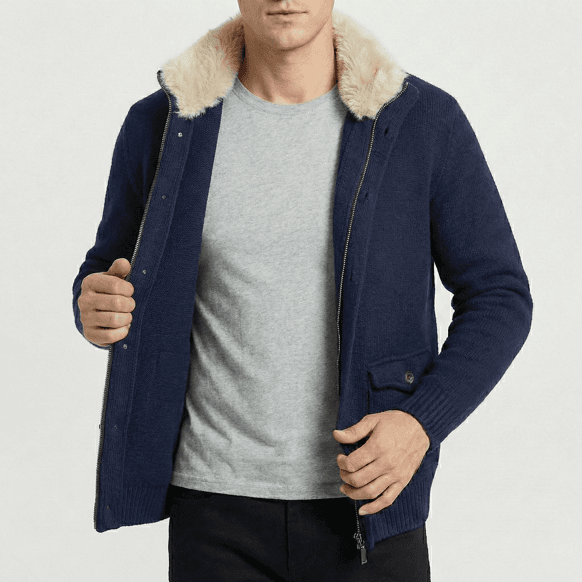 Men's Navy Knit Jacket Black Faux Fur Collar — view 3