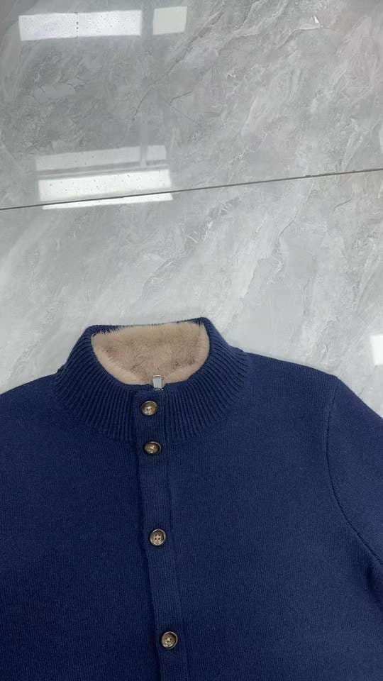 Men's Navy Knit Jacket Black Faux Fur Collar — view 6