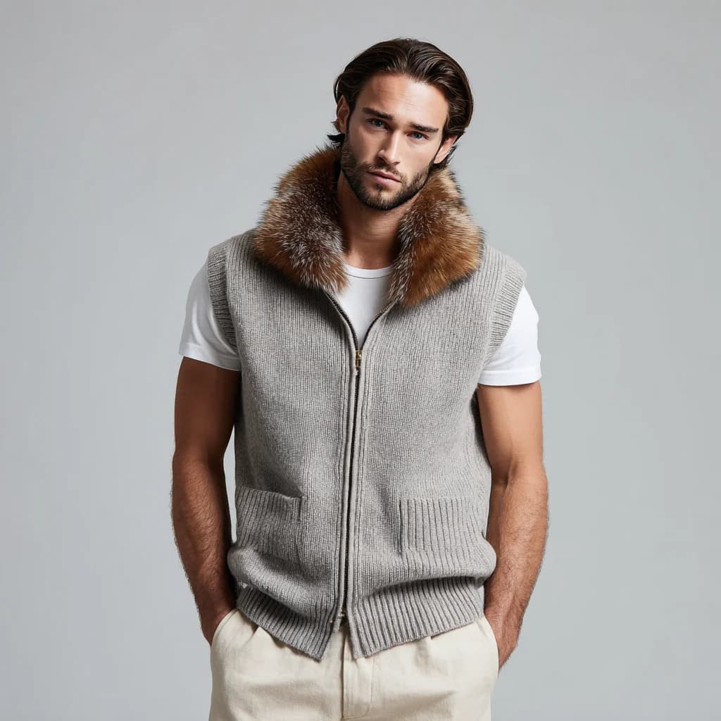 Men's Navy Marl Woolen Tweed V Neck Vest — view 3
