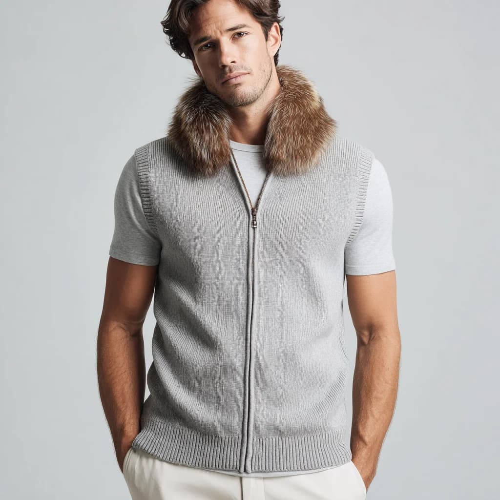 Men's Navy Marl Woolen Tweed V Neck Vest — view 4