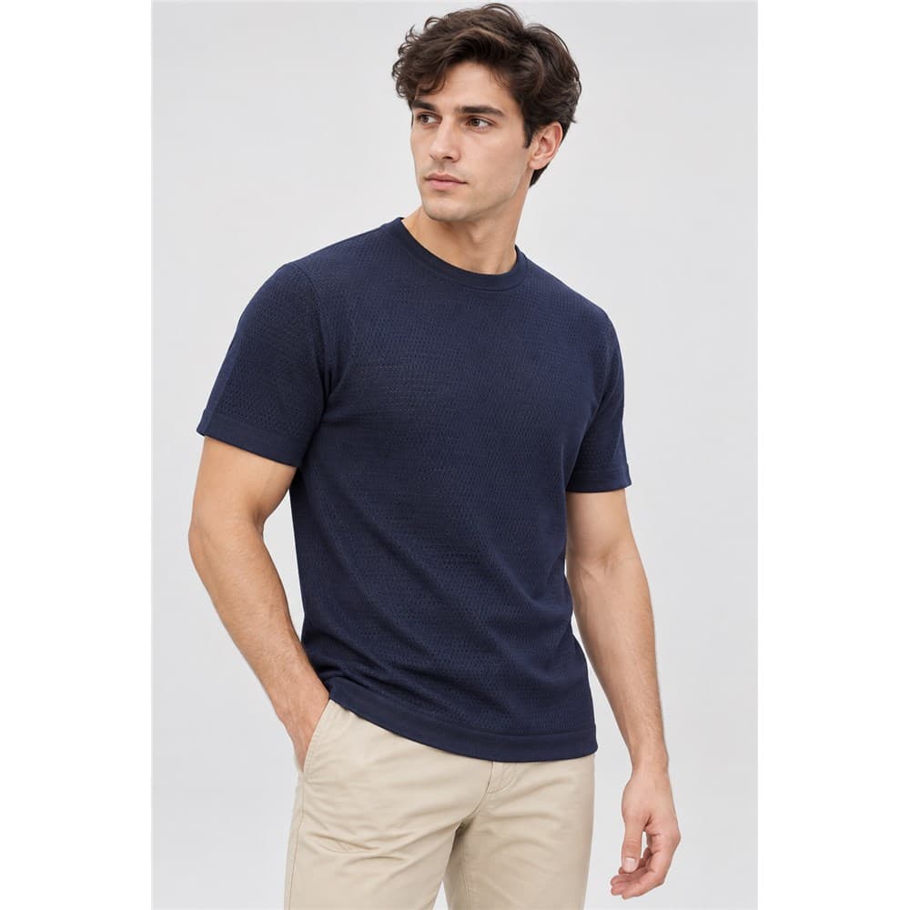 Men's Navy Short-Sleeve Crew Neck Knit Top — view 6