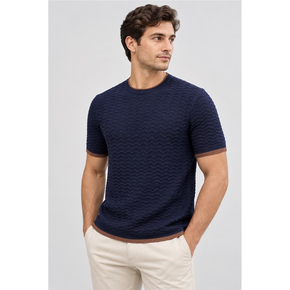 Men's Navy Short-Sleeve Crew Neck Knit Top — view 6
