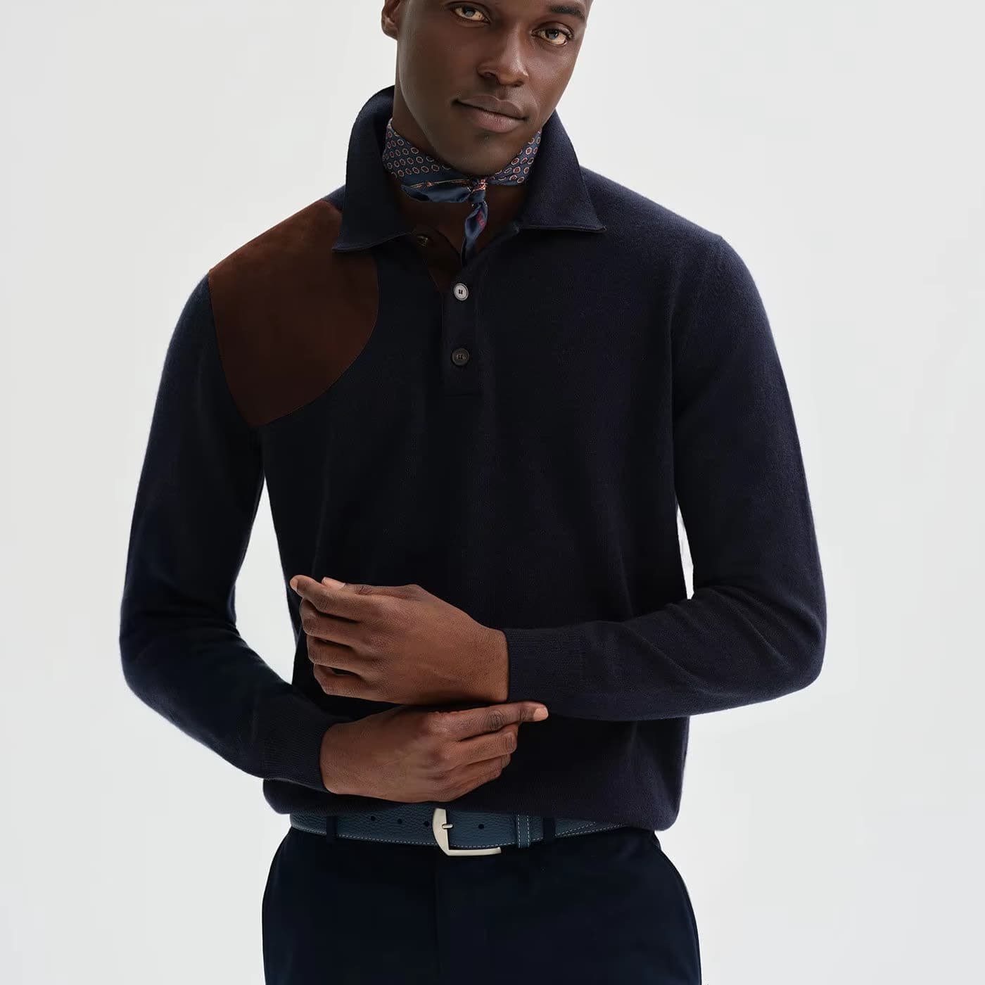 Men's Navy Polo Sweater Brown Suede Shoulder Patch Long Sleeve Knit