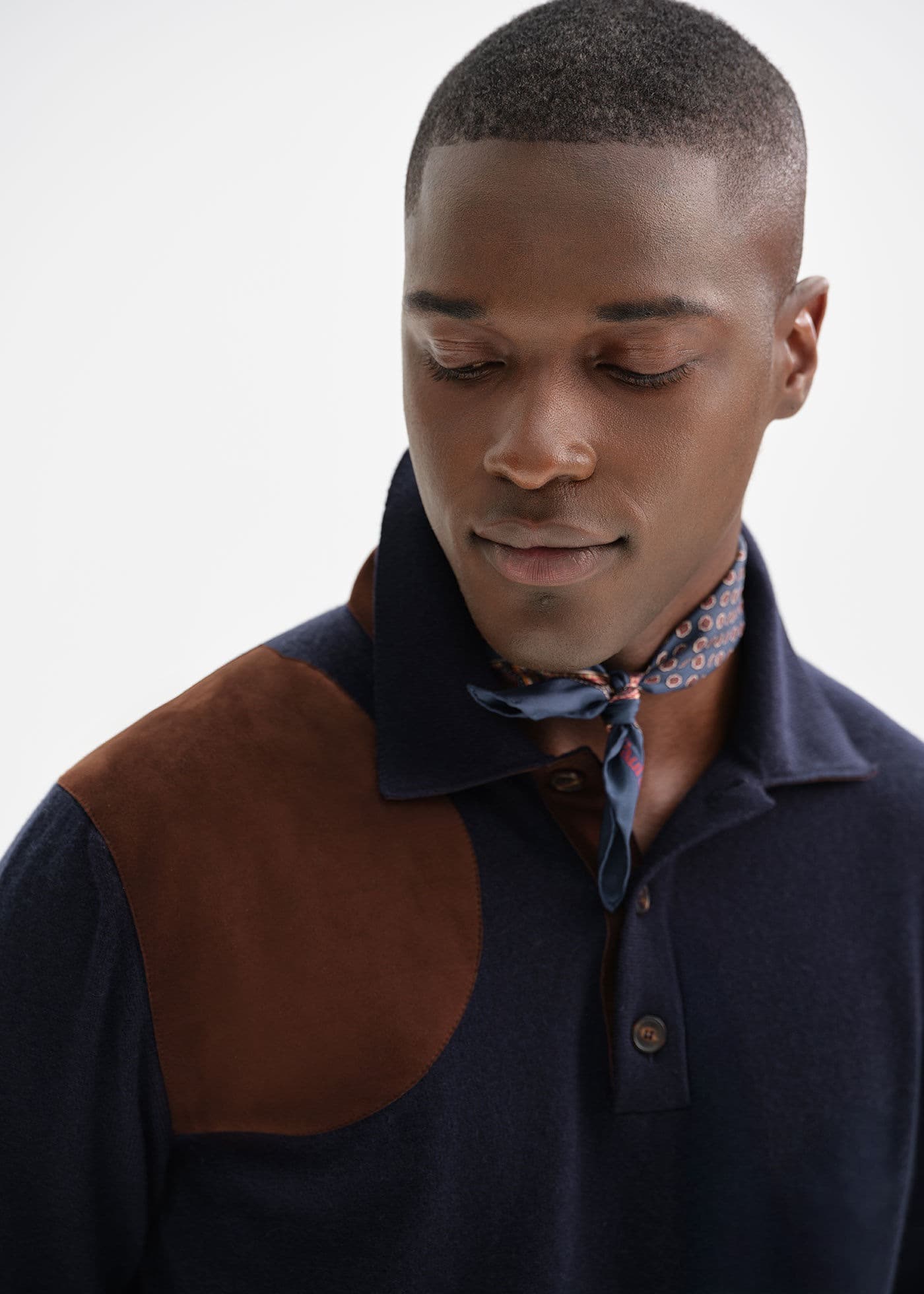 Men's Navy Polo Sweater Brown Suede Shoulder Patch Long Sleeve Knit — view 2