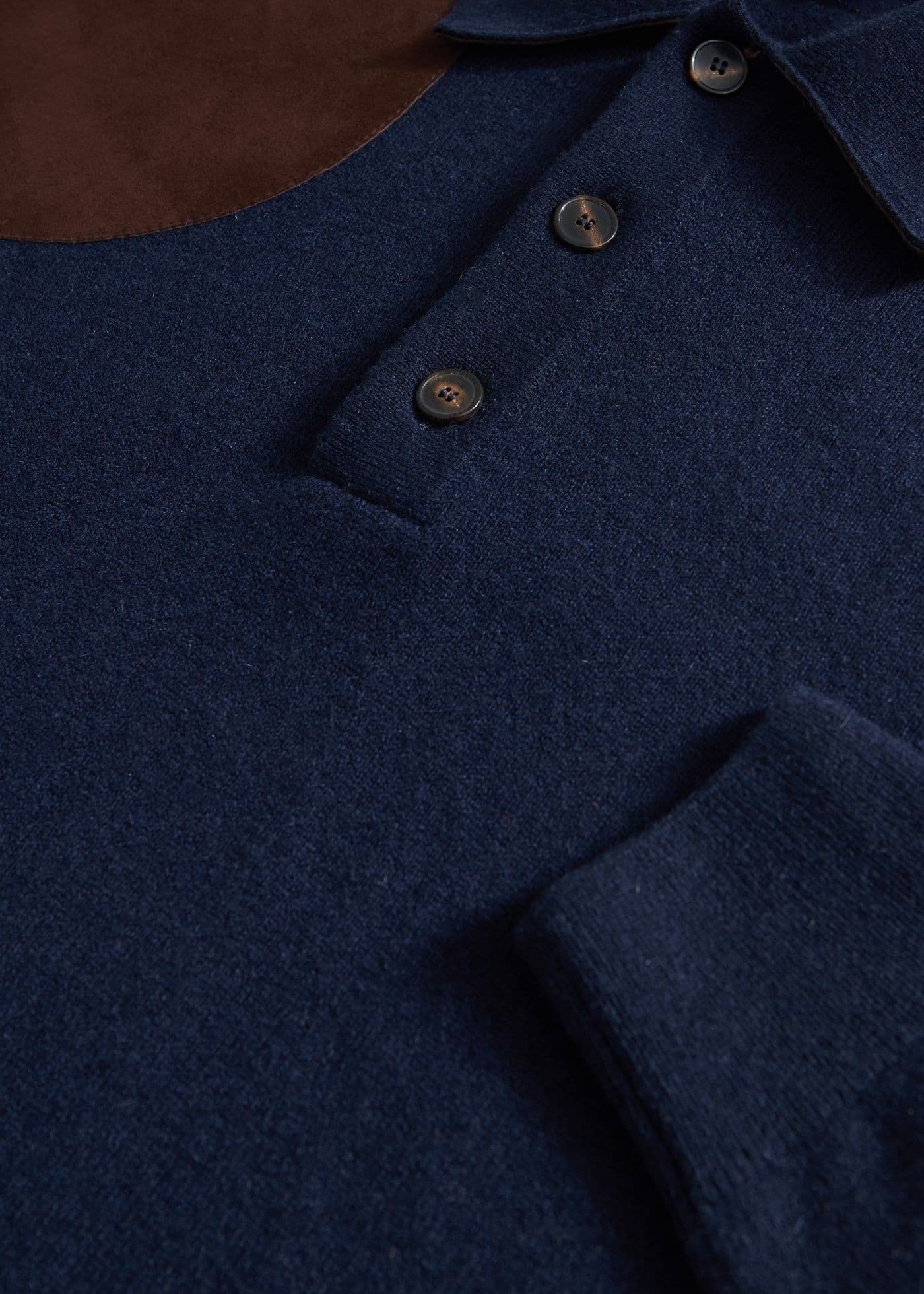 Men's Navy Polo Sweater Brown Suede Shoulder Patch Long Sleeve Knit — view 3