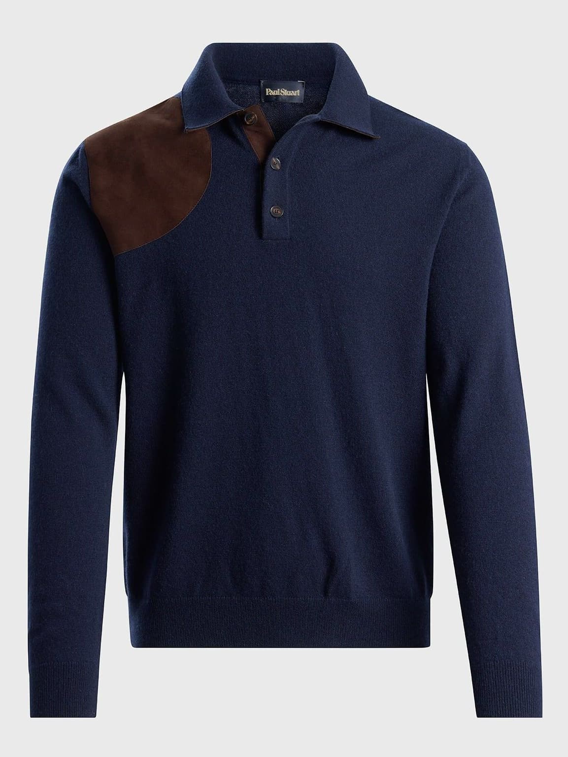Men's Navy Polo Sweater Brown Suede Shoulder Patch Long Sleeve Knit — view 5