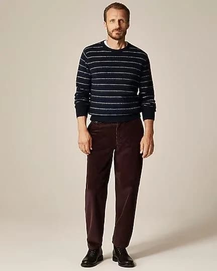 Men's Navy Blue Thin White Stripe Crew Neck Sweater