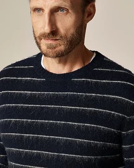 Men's Navy Blue Thin White Stripe Crew Neck Sweater