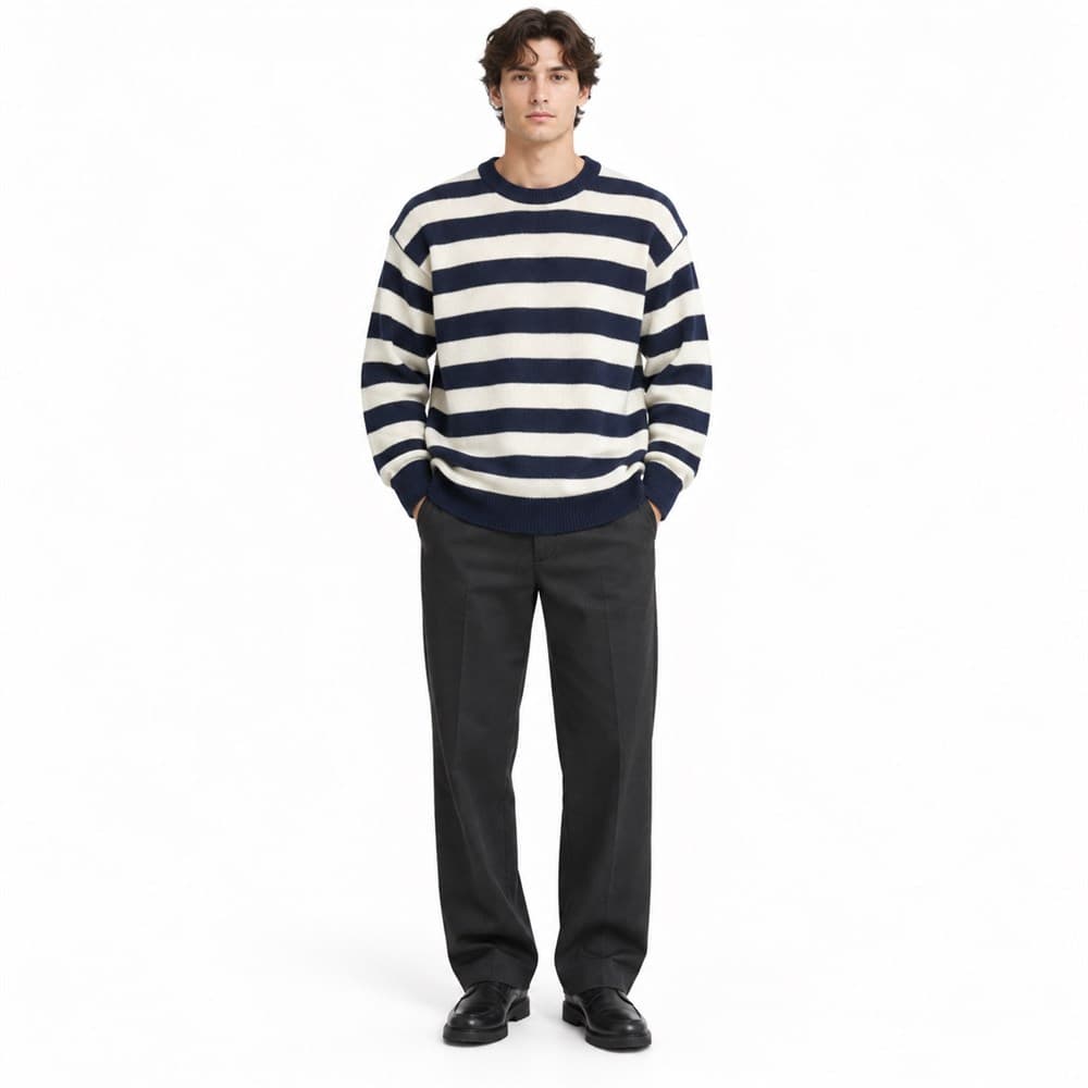 Men's Navy Striped Crew Neck Sweater