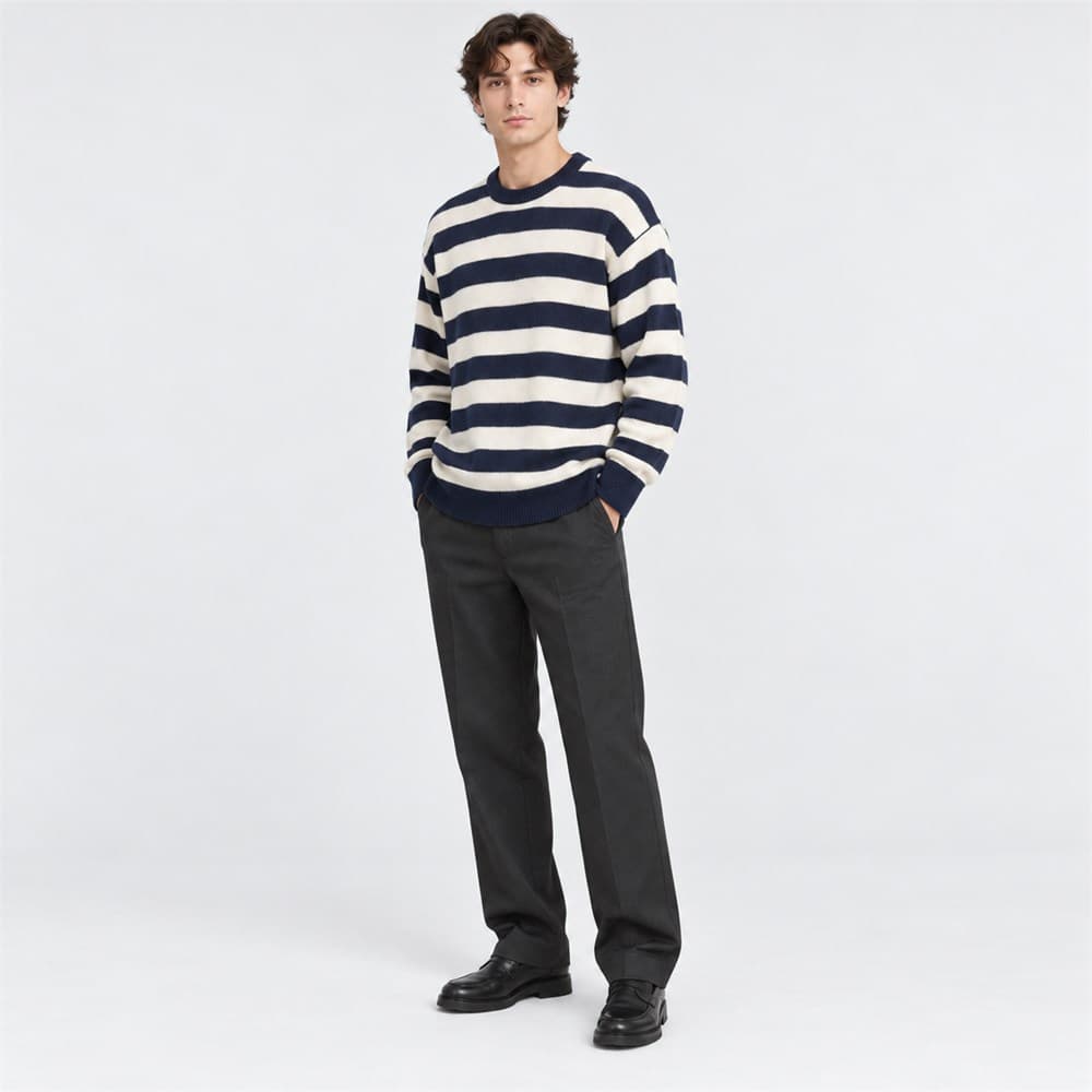 Men's Navy Striped Crew Neck Sweater — view 6