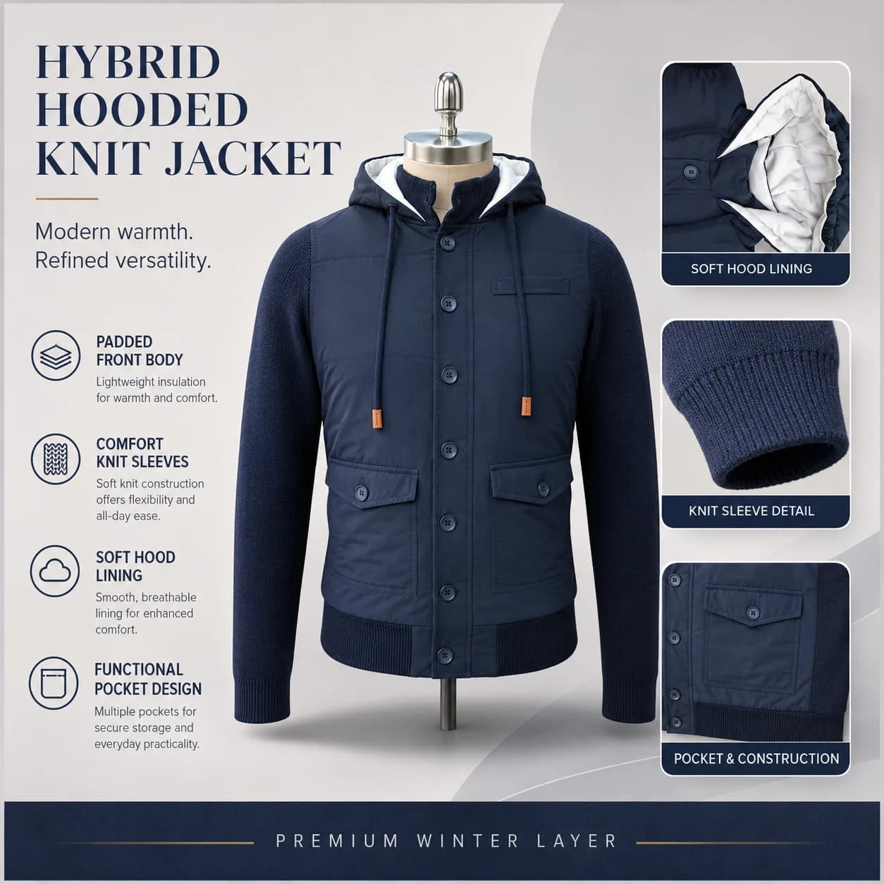 Men's Navy Woolen Puffer Hoodie Jacket