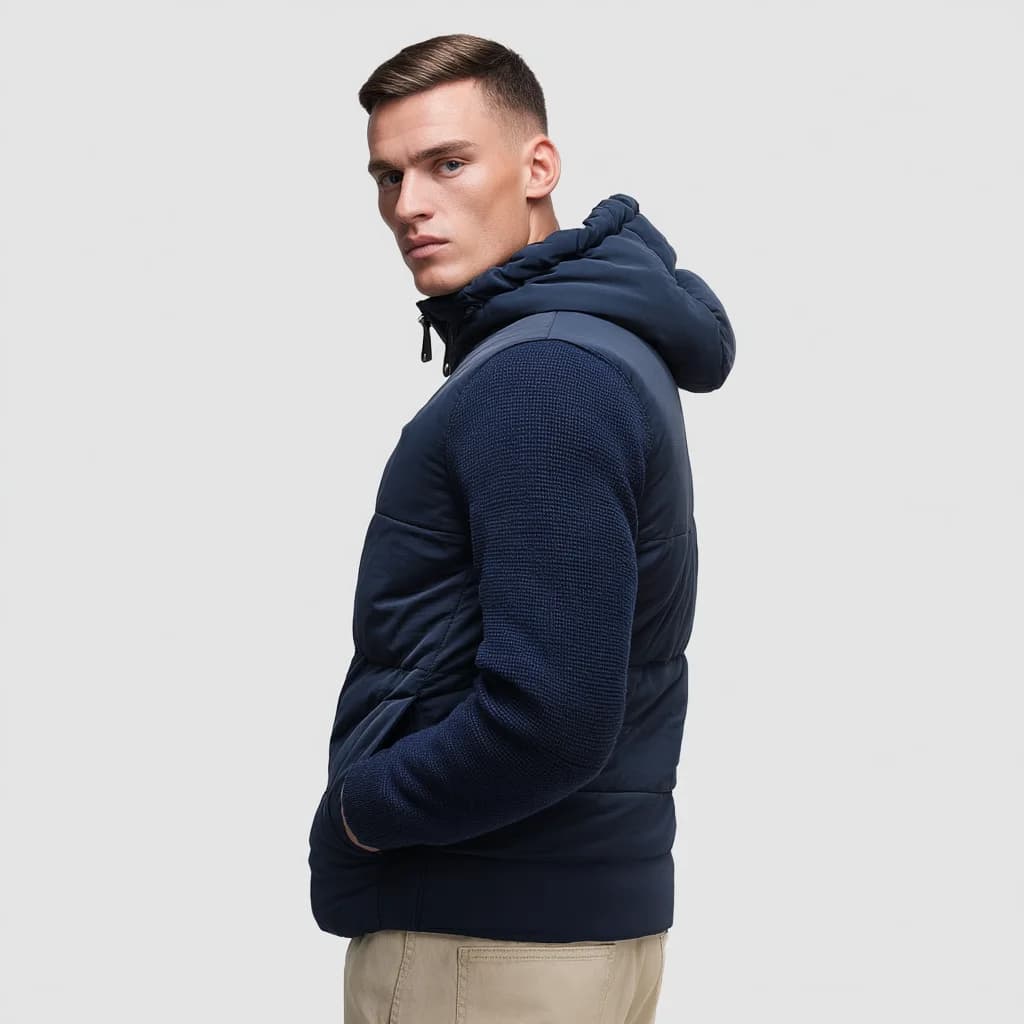 Men's Navy Woolen Puffer Hoodie Jacket — view 2