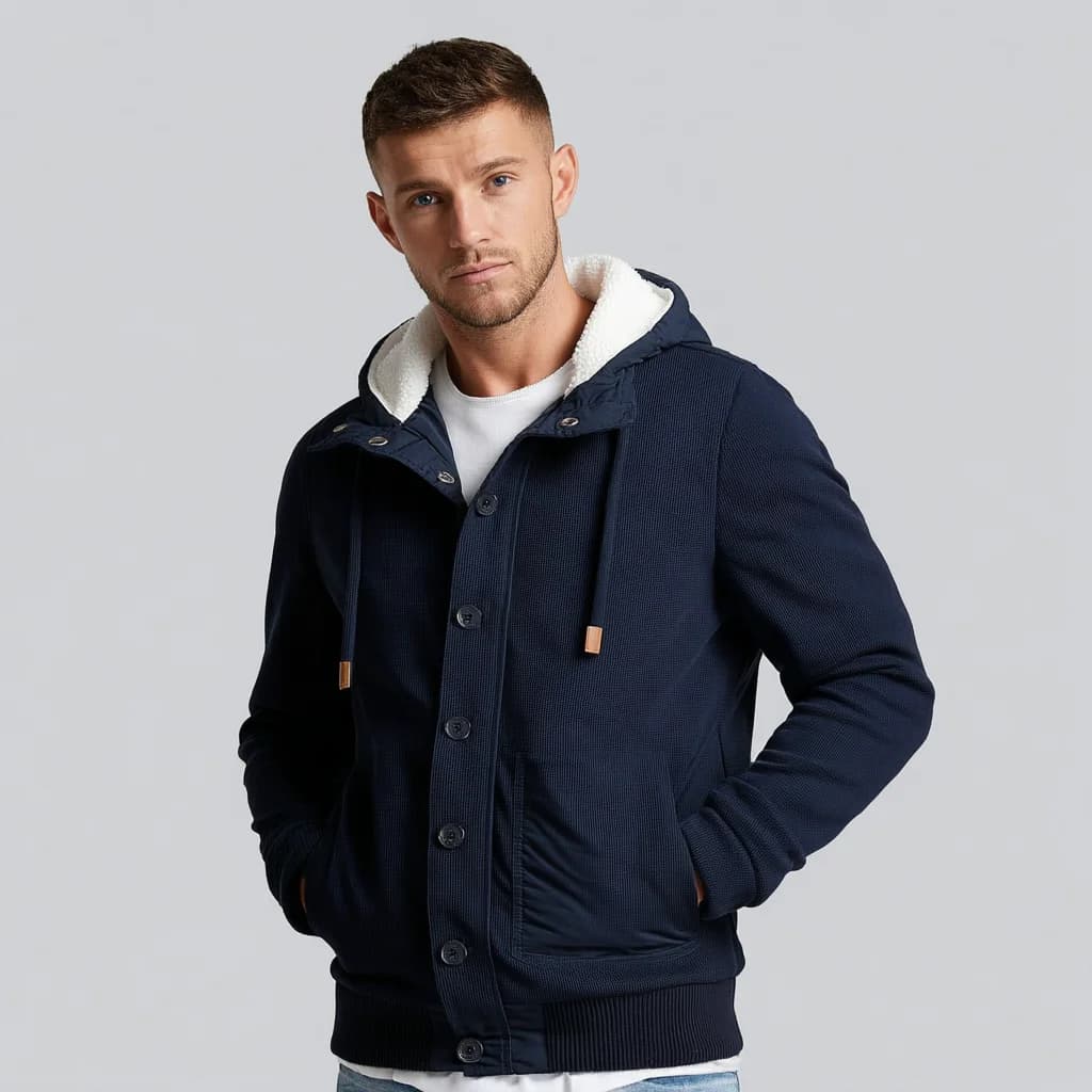 Men's Navy Woolen Puffer Hoodie Jacket — view 3
