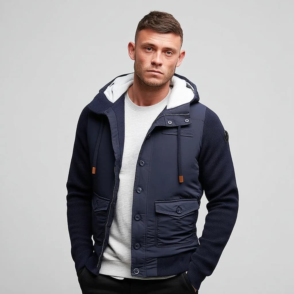 Men's Navy Woolen Puffer Hoodie Jacket — view 4