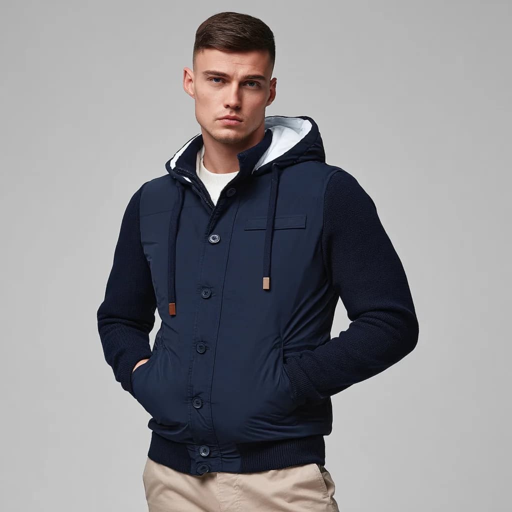 Men's Navy Woolen Puffer Hoodie Jacket — view 5