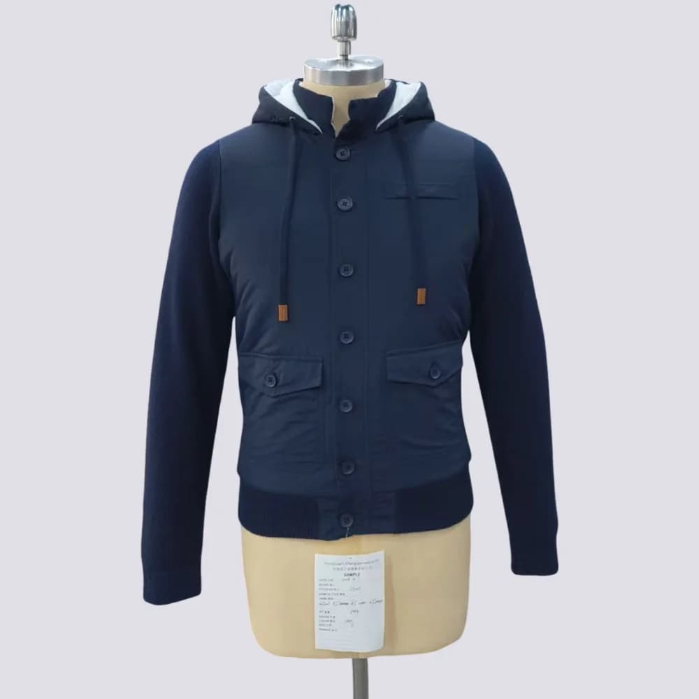 Men's Navy Woolen Puffer Hoodie Jacket — view 6