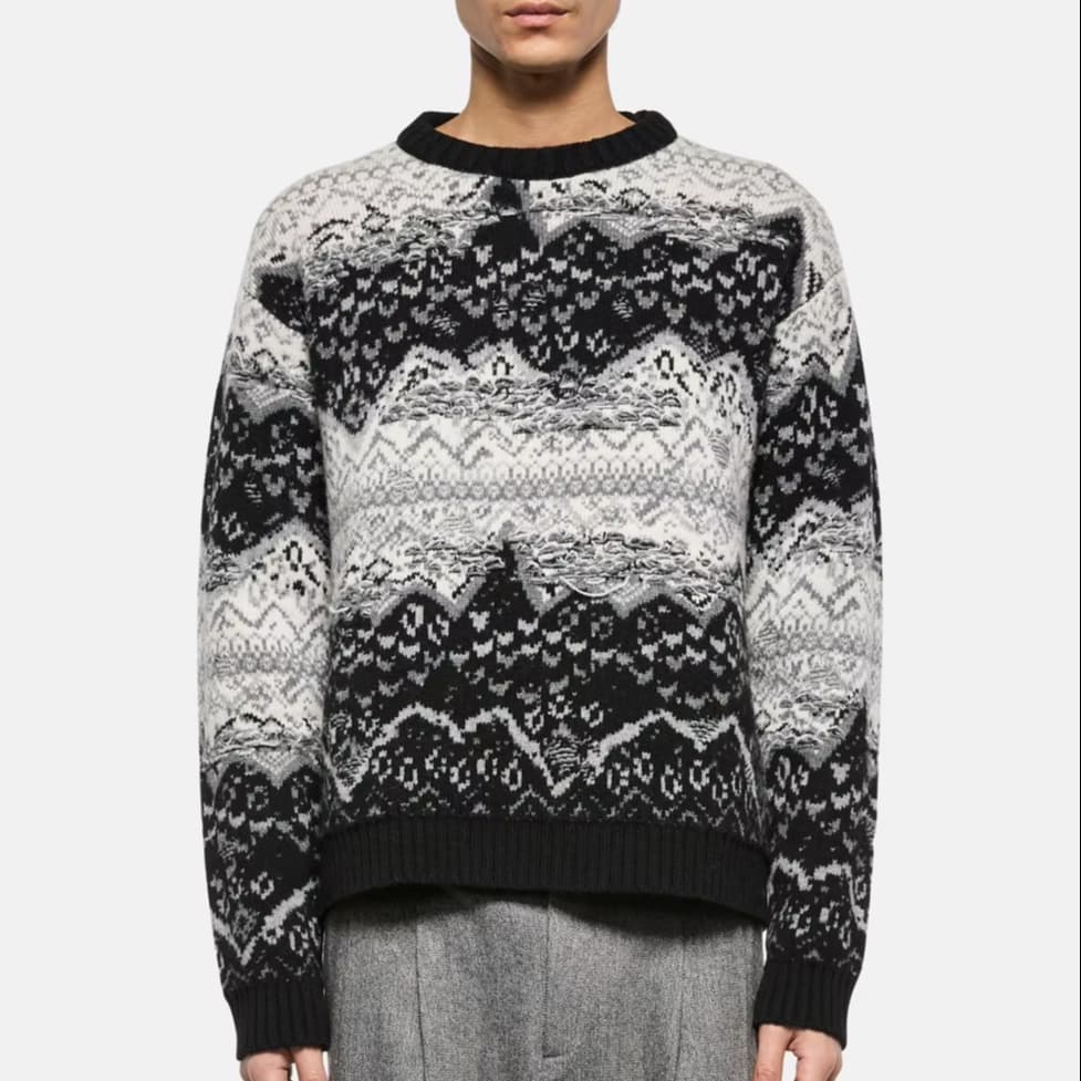 Men's Nordic Fair Isle Sweater Monochrome Black White Crew Neck Grunge