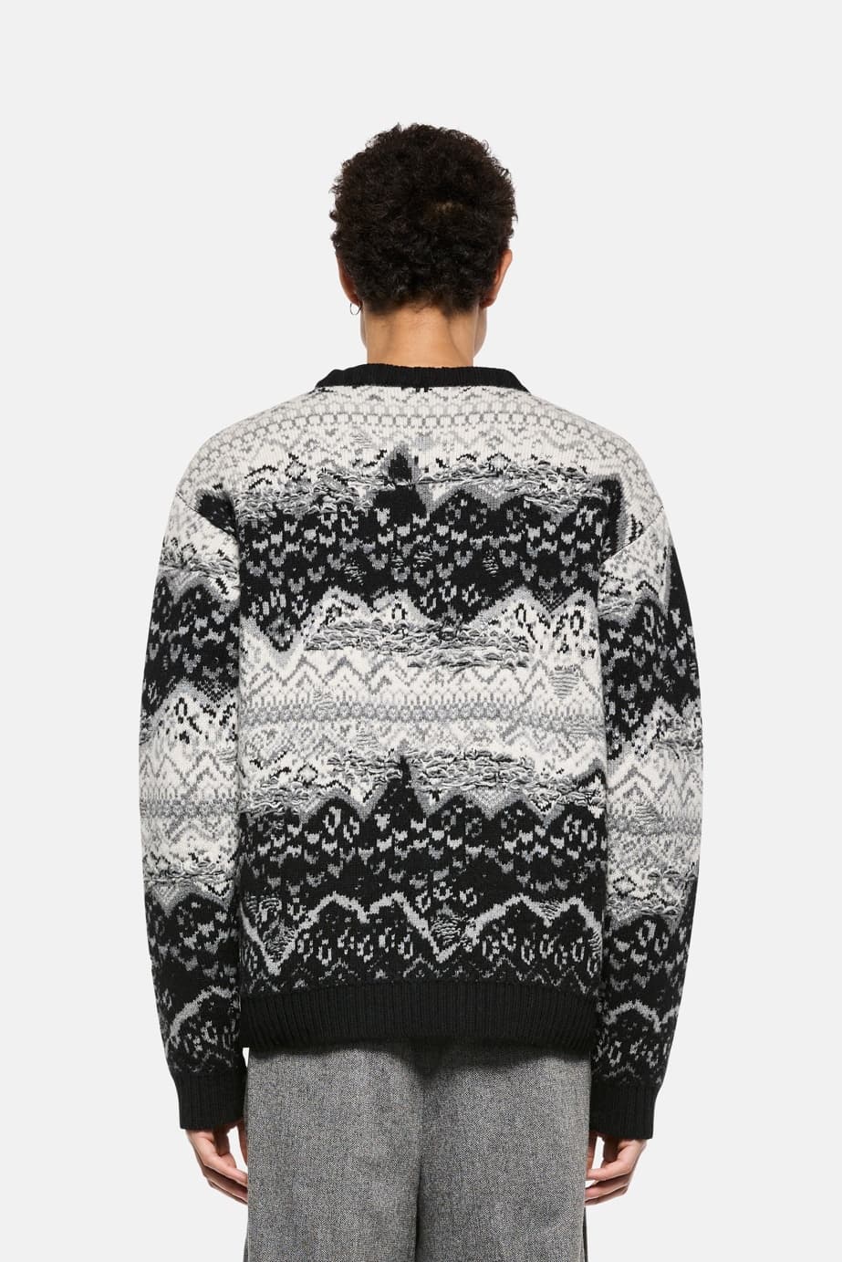 Men's Nordic Fair Isle Sweater Monochrome Black White Crew Neck Grunge — view 2