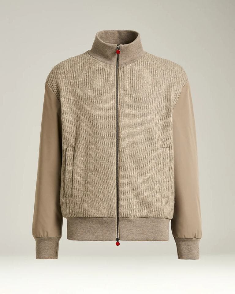 Knit bomber jacket with woven sleeves shown across its colourway range and construction detail