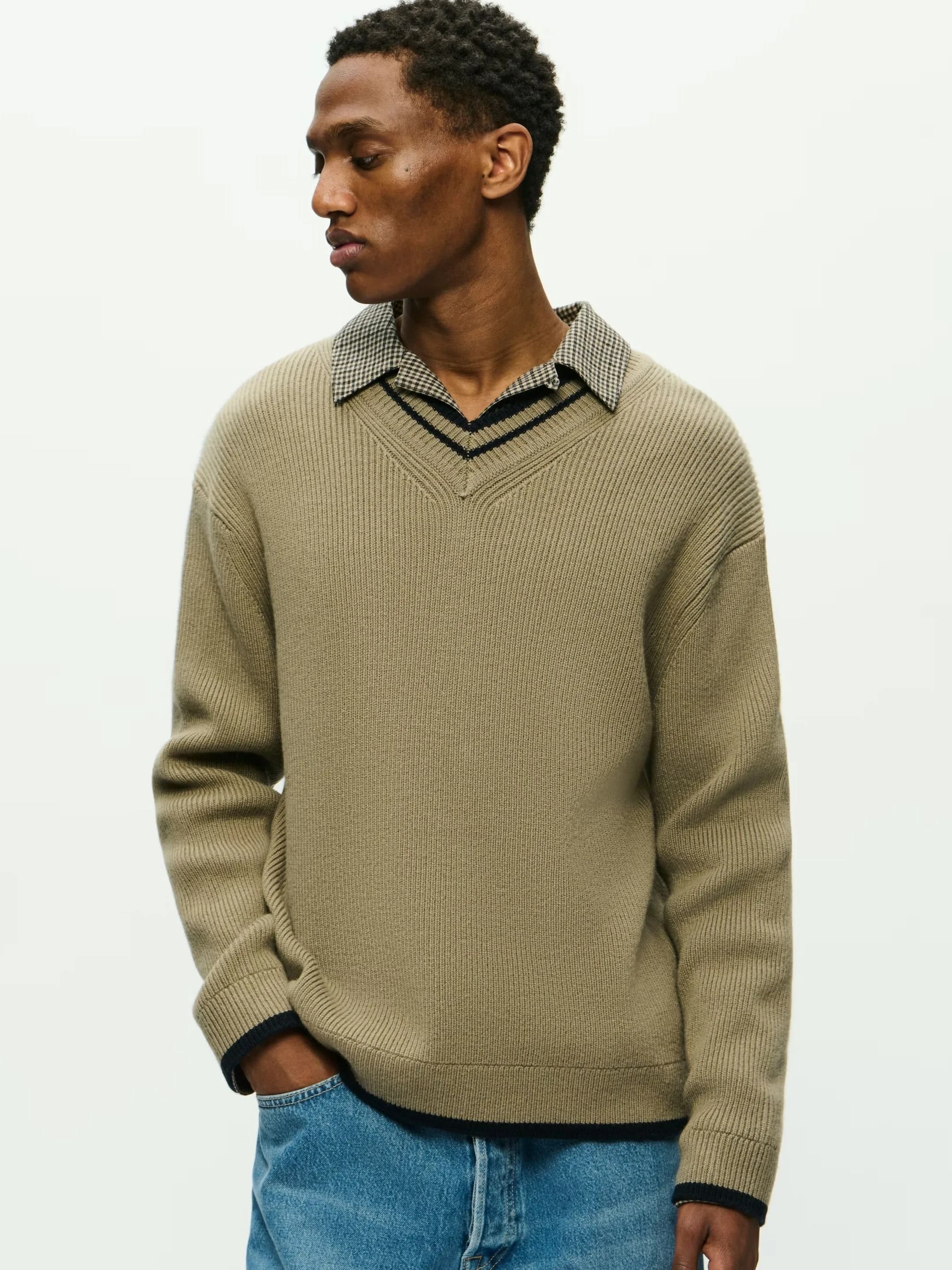 Men's Olive Green V-Neck Sweater Contrast Trim