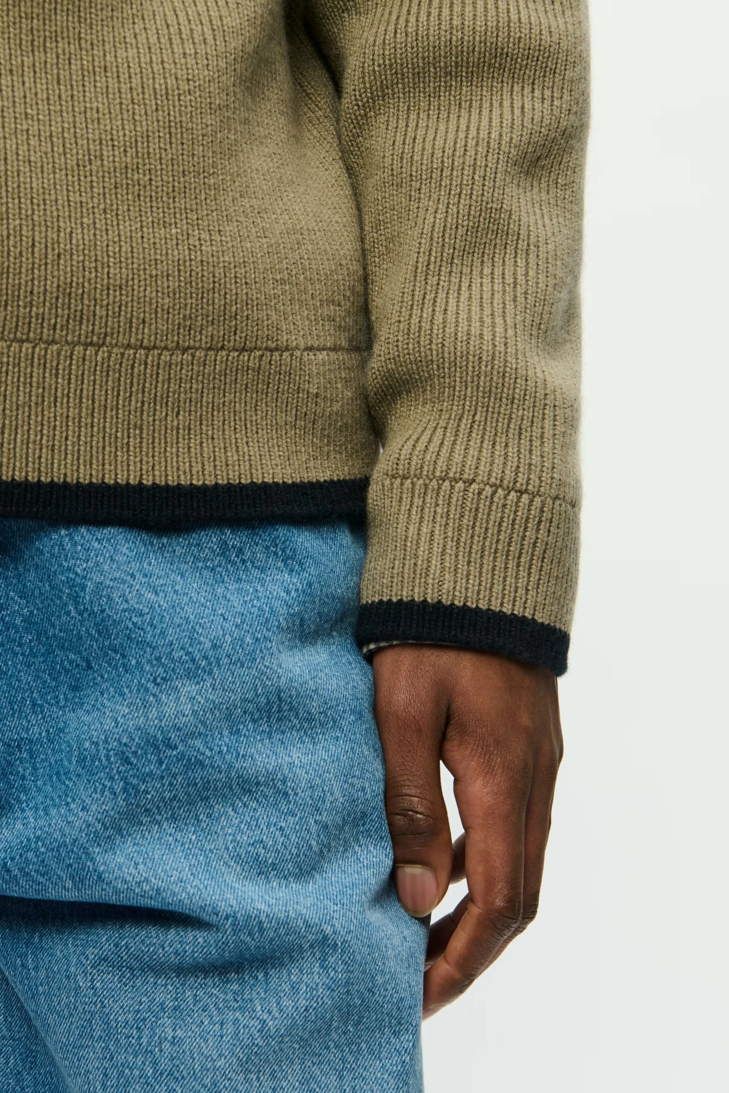 Men's Olive Green V-Neck Sweater Contrast Trim