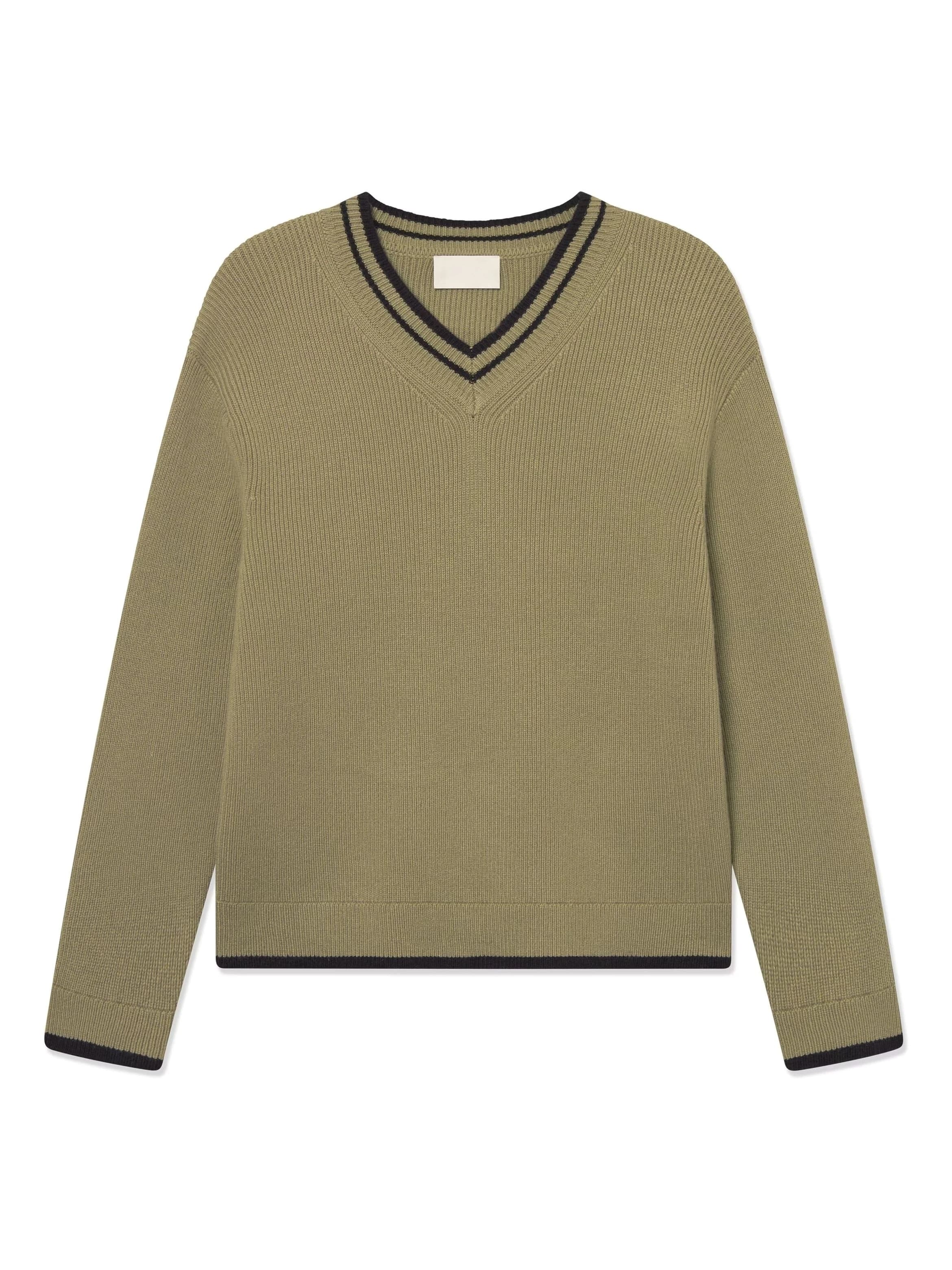 Men's Olive Green V-Neck Sweater Contrast Trim