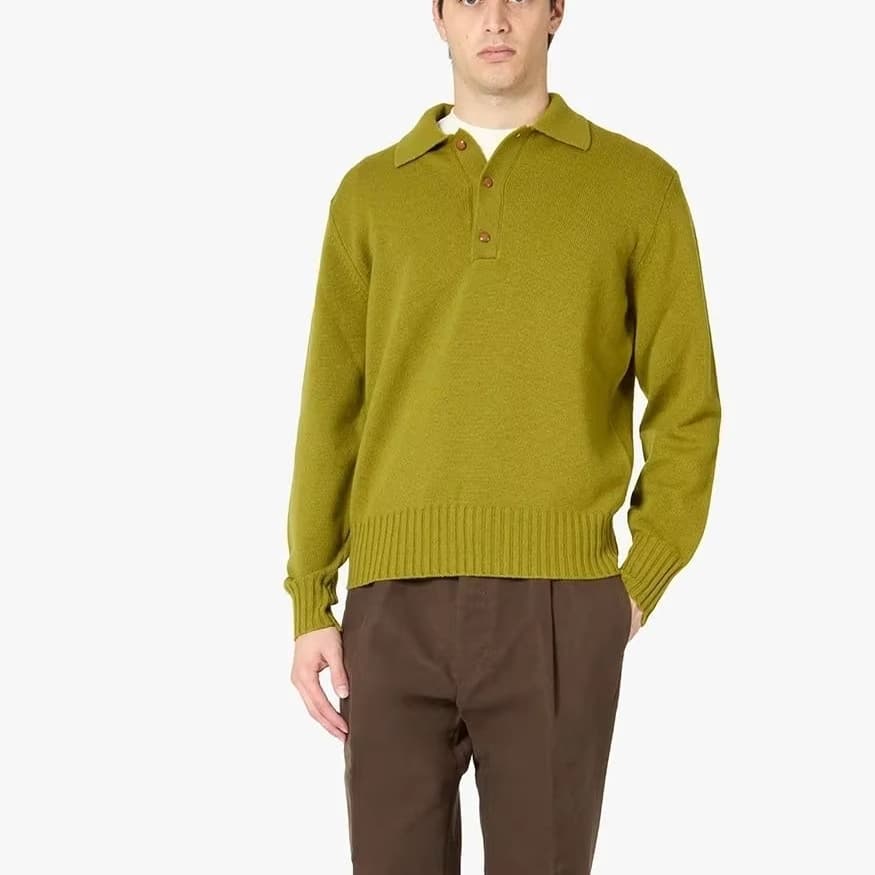 Men's Olive Green Long Sleeve Polo Sweater Button