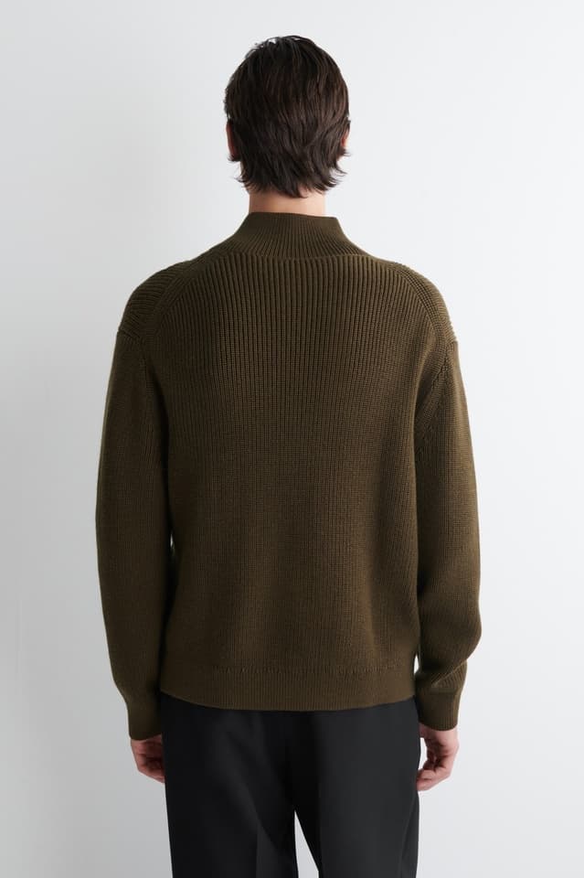 Men's Olive Green Ribbed Mock Neck Knit Cardigan - view 2