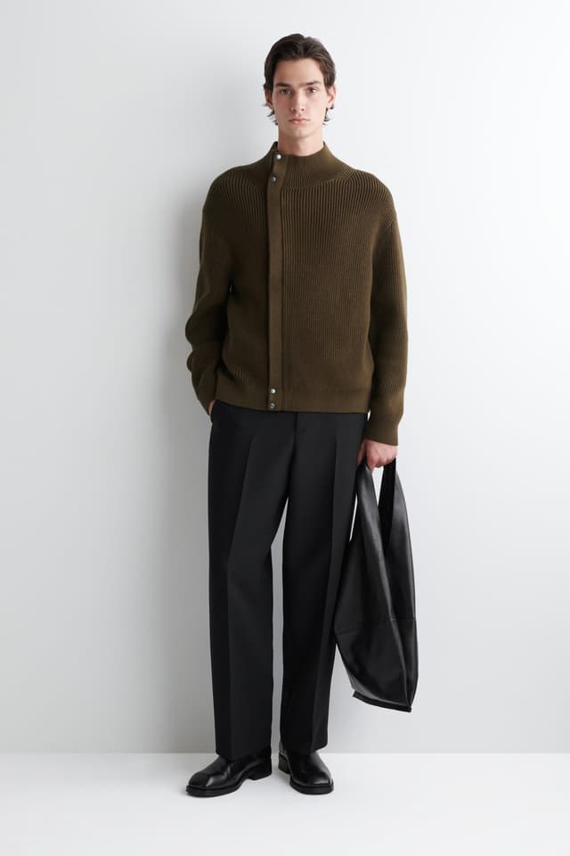Men's Olive Green Ribbed Mock Neck Knit Cardigan - view 3