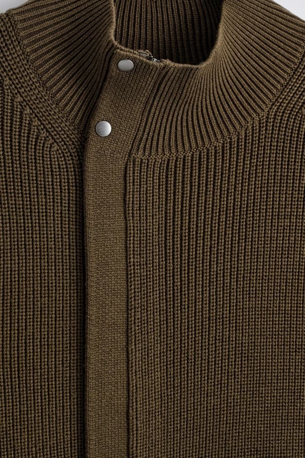 Men's Olive Green Ribbed Mock Neck Knit Cardigan - view 5