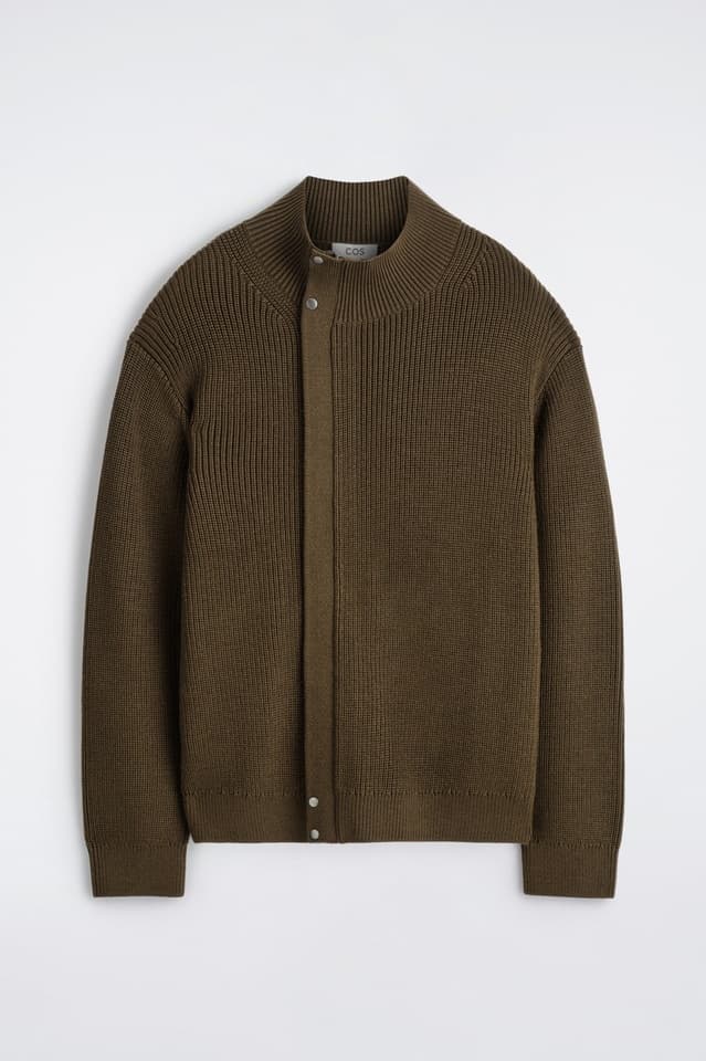 Men's Olive Green Ribbed Mock Neck Knit Cardigan - view 6